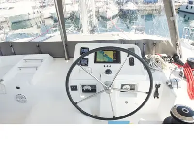 Cockpit of Hydra VIII, a Lagoon 450 F catamaran at Athens, Greece