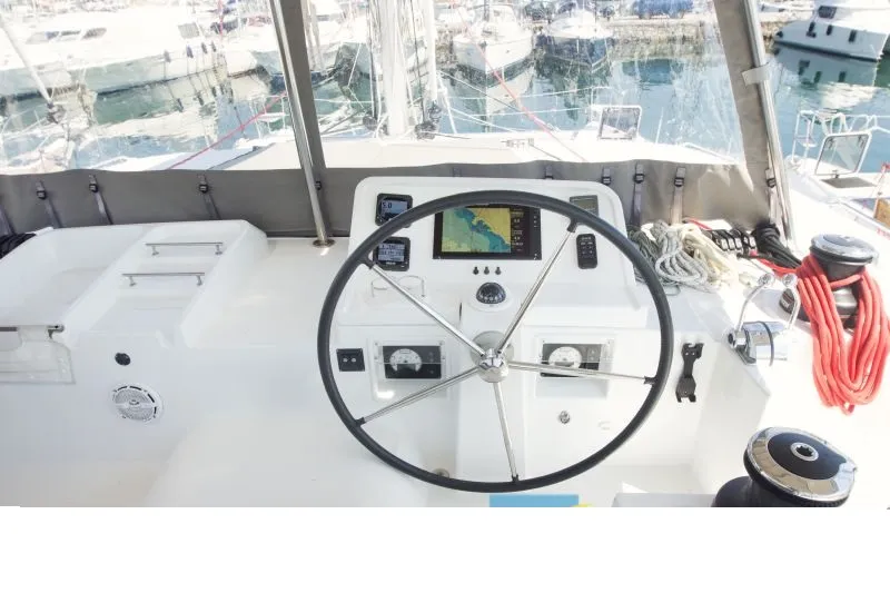 Cockpit of Hydra VIII, a Lagoon 450 F catamaran at Athens, Greece