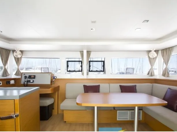 Salon of Hydra VIII, a Lagoon 450 F catamaran at Athens, Greece