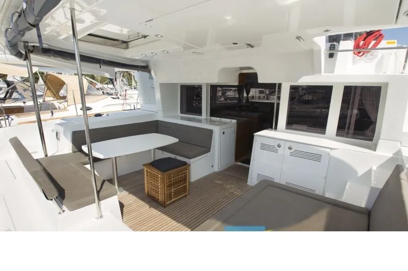 Deck of Hydra VIII, a Lagoon 450 F catamaran at Athens, Greece