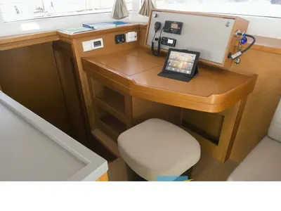 Salon of Hydra VIII, a Lagoon 450 F catamaran at Athens, Greece