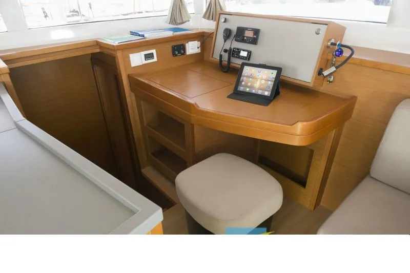 Salon of Hydra VIII, a Lagoon 450 F catamaran at Athens, Greece