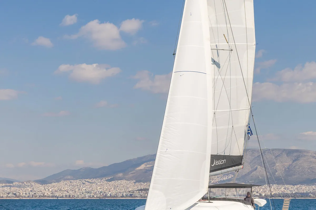 Exterior view of Karteria, a Lagoon 42 catamaran at Athens, Greece