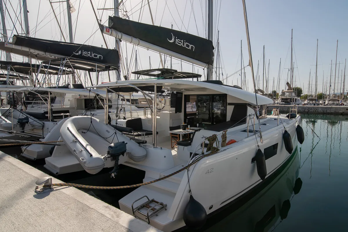 Exterior view of Karteria, a Lagoon 42 catamaran at Athens, Greece