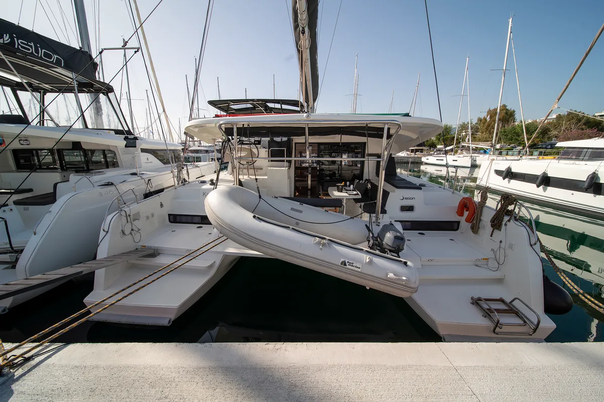Exterior view of Karteria, a Lagoon 42 catamaran at Athens, Greece