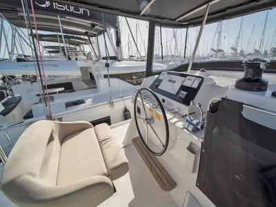Cockpit of Karteria, a Lagoon 42 catamaran at Athens, Greece