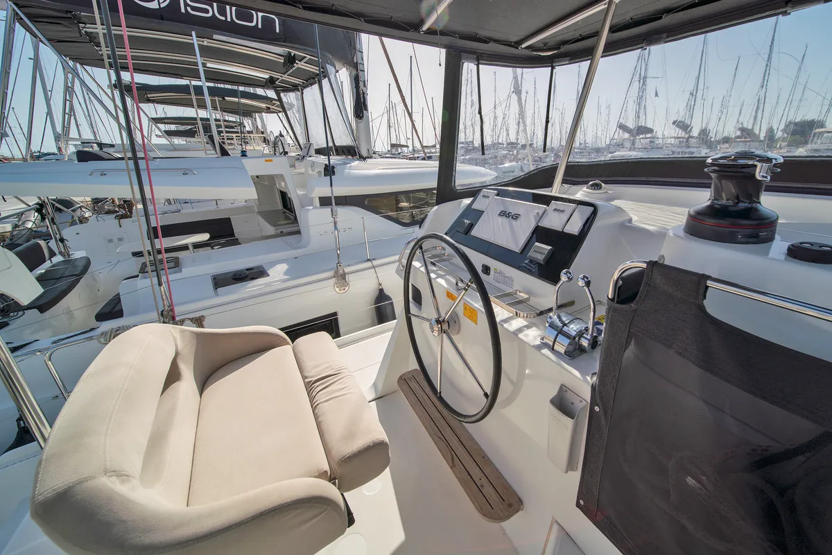 Cockpit of Karteria, a Lagoon 42 catamaran at Athens, Greece