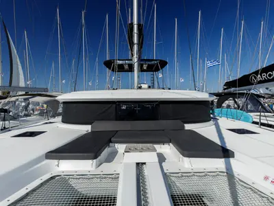 Deck of Si Mi Amor, a Lagoon 46 catamaran at Kos, Greece