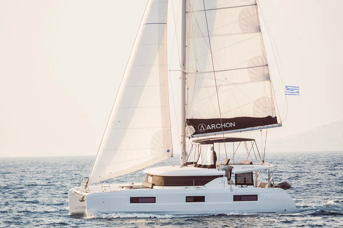 Exterior view of Si Mi Amor, a Lagoon 46 catamaran at Kos, Greece