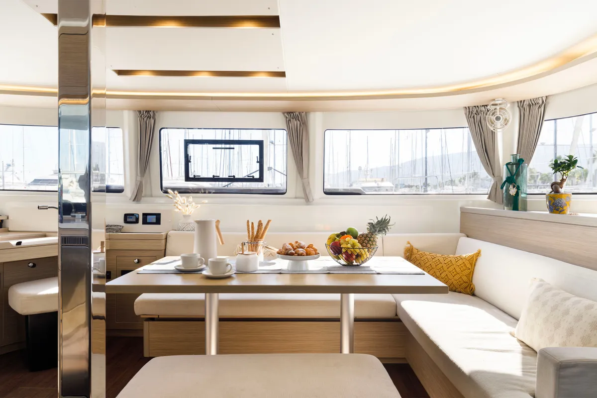 Salon of Si Mi Amor, a Lagoon 46 catamaran at Kos, Greece