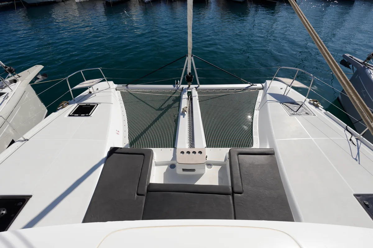 Deck of Si Mi Amor, a Lagoon 46 catamaran at Kos, Greece