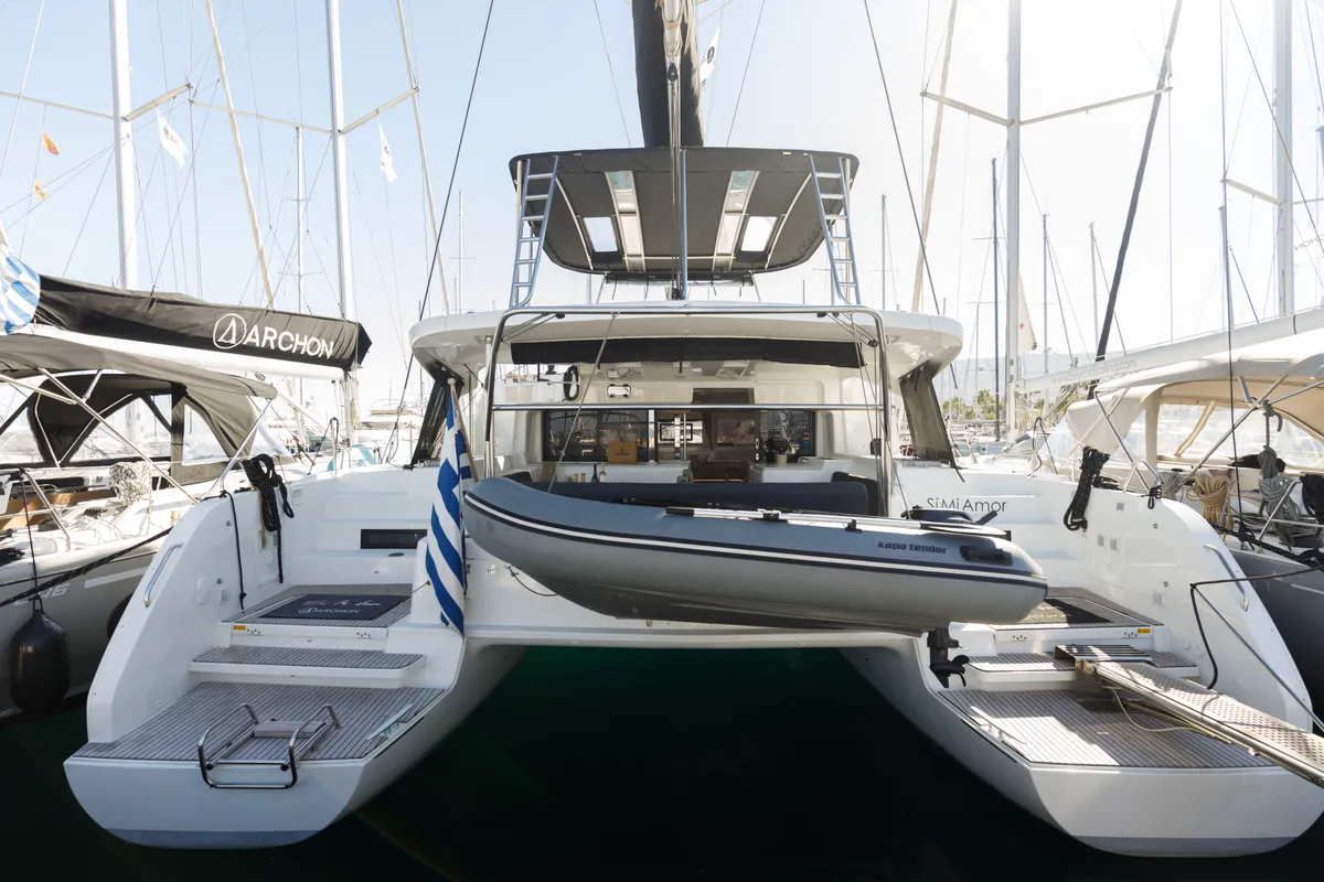 Exterior view of Si Mi Amor, a Lagoon 46 catamaran at Kos, Greece