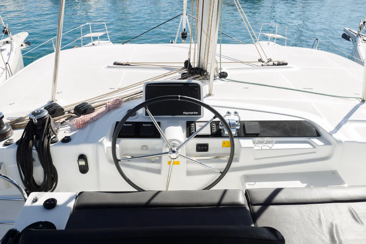 Cockpit of Si Mi Amor, a Lagoon 46 catamaran at Kos, Greece