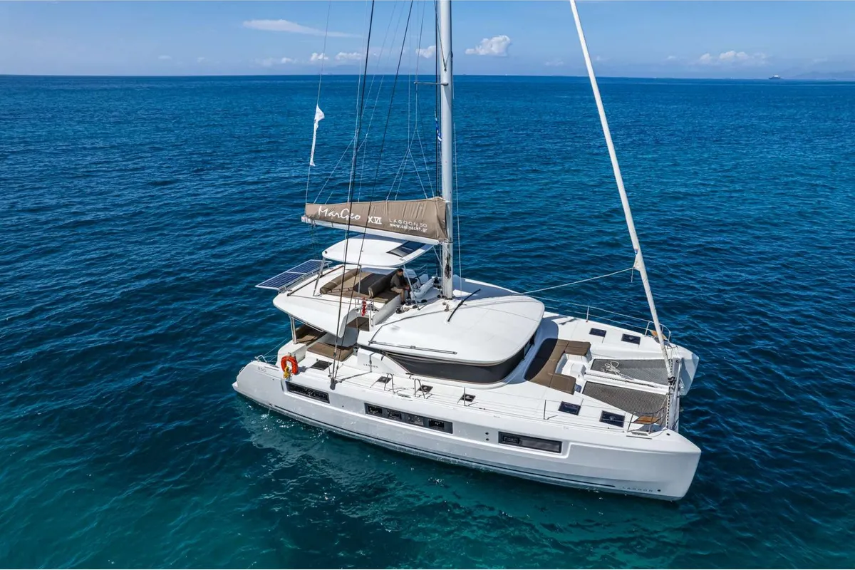 Exterior view of Margeo XVI, a Lagoon 50 catamaran at Athens, Greece
