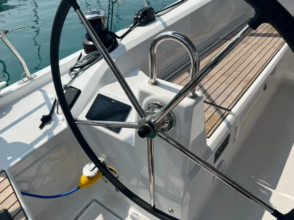 Cockpit of Rosalba, a Beneteau Oceanis 40.1 sailboat at Capo d'Orlando, Italy