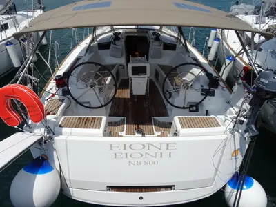 Cockpit of Eione, a Jeanneau Sun Odyssey 419 sailboat at Volos, Greece