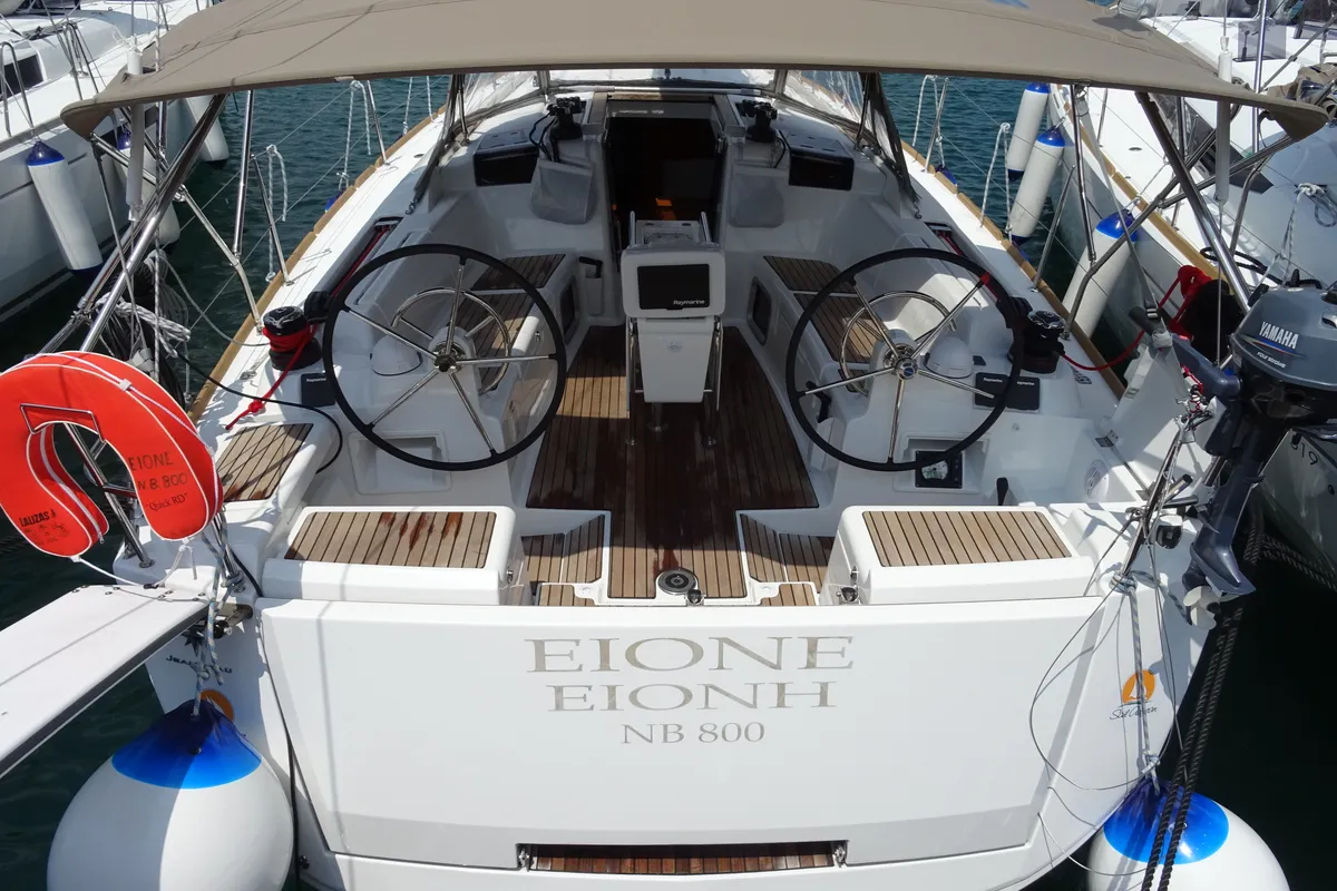 Cockpit of Eione, a Jeanneau Sun Odyssey 419 sailboat at Volos, Greece