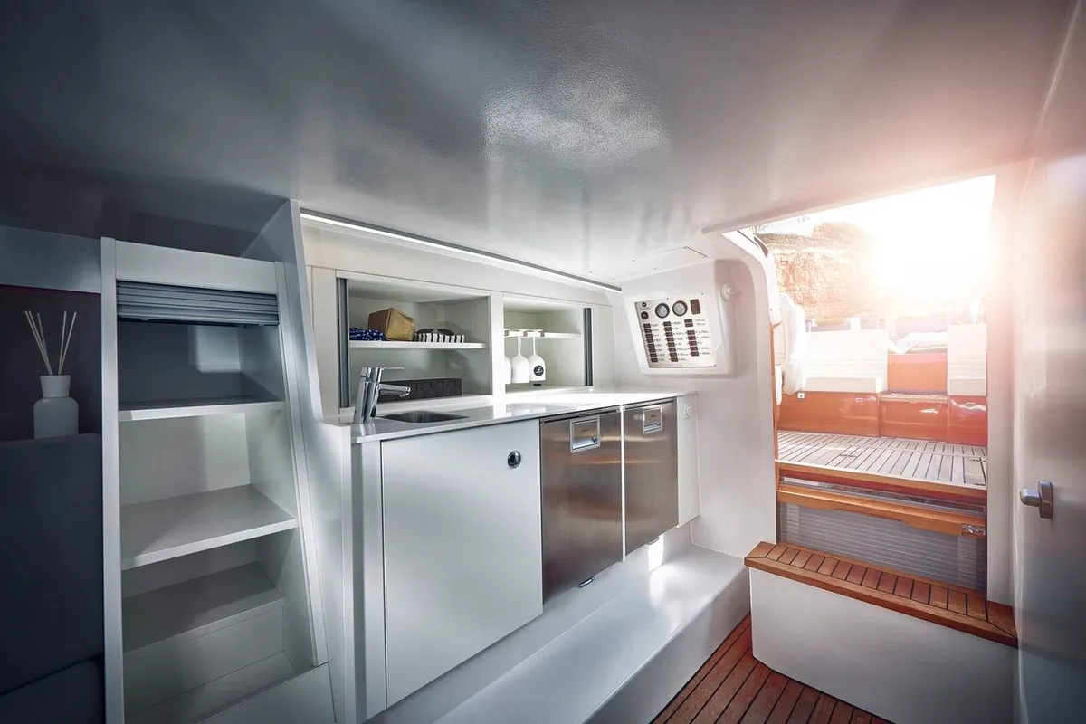 Galley of Adriatic Falcon, a Frauscher 1017 GT motorboat at Grad Kaštela, Croatia