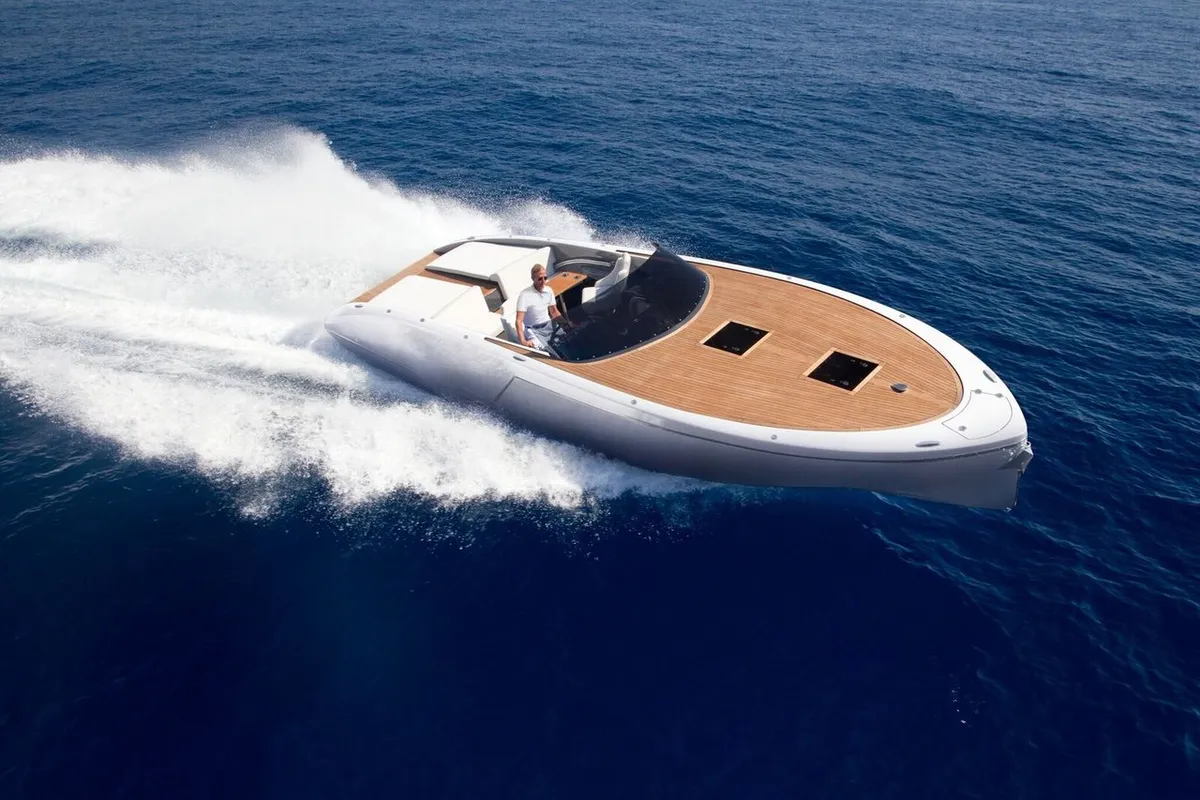 Exterior view of Adriatic Falcon, a Frauscher 1017 GT motorboat at Grad Kaštela, Croatia