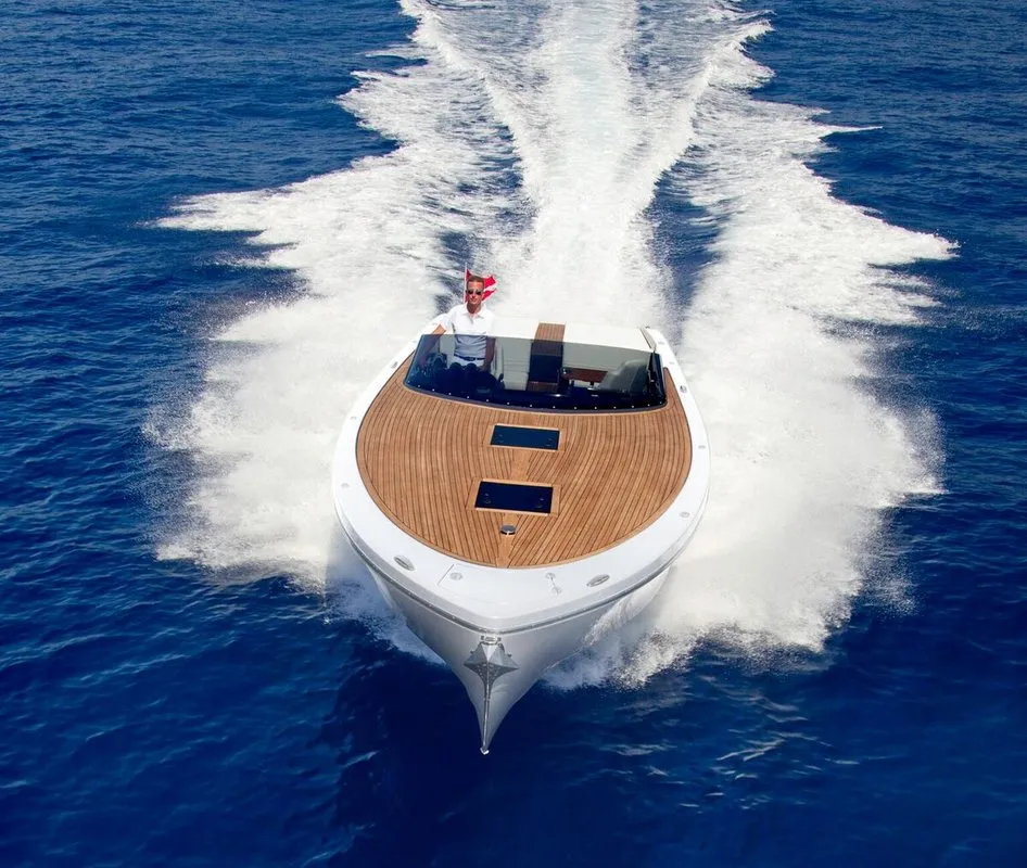 Exterior view of Adriatic Falcon, a Frauscher 1017 GT motorboat at Grad Kaštela, Croatia