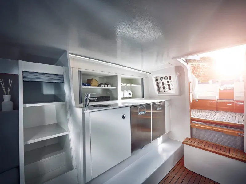 Galley of Adriatic Falcon, a Frauscher 1017 GT motorboat at Grad Kaštela, Croatia