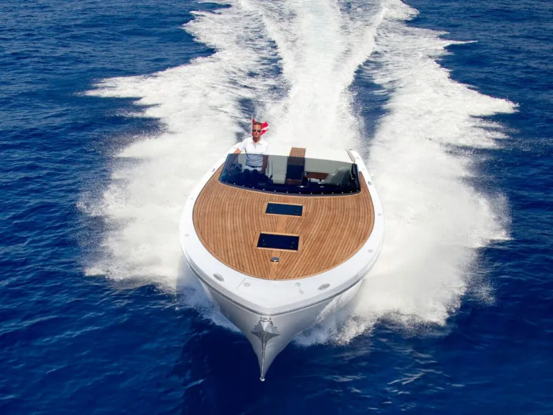 Exterior view of Adriatic Falcon, a Frauscher 1017 GT motorboat at Grad Kaštela, Croatia