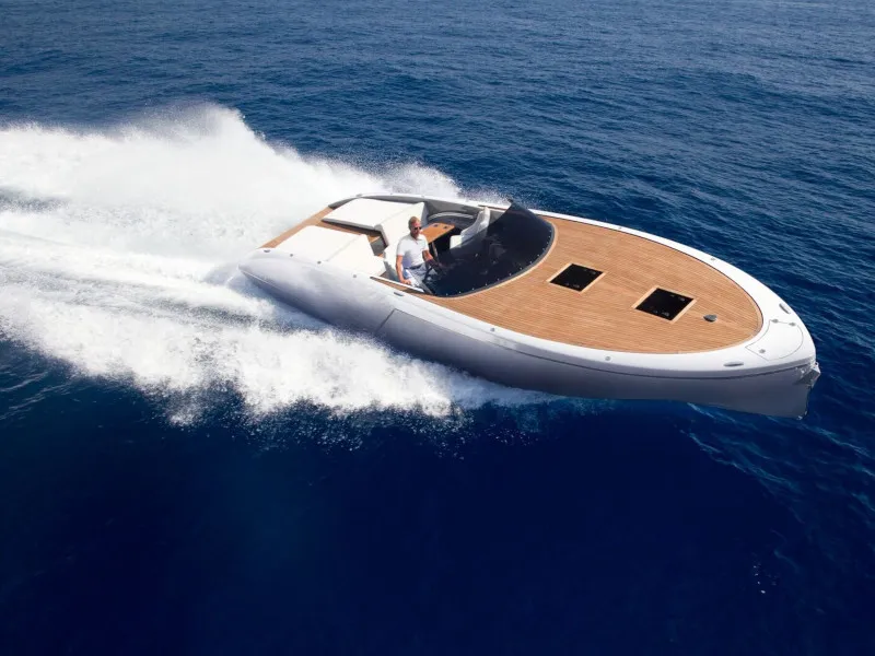 Exterior view of Adriatic Falcon, a Frauscher 1017 GT motorboat at Grad Kaštela, Croatia