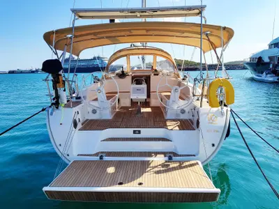 Deck of Io, a Bavaria Cruiser 46 Style sailboat at Lavreotiki Municipal Unit, Greece