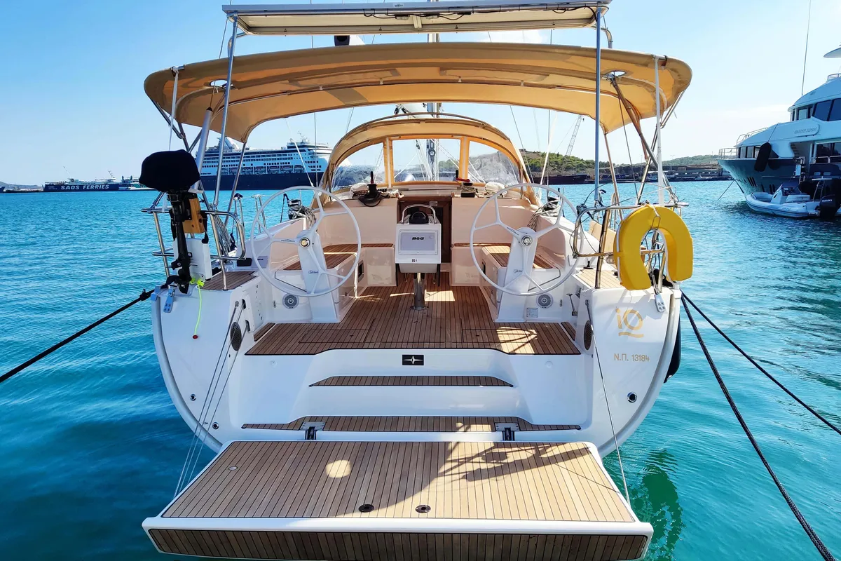 Deck of Io, a Bavaria Cruiser 46 Style sailboat at Lavreotiki Municipal Unit, Greece