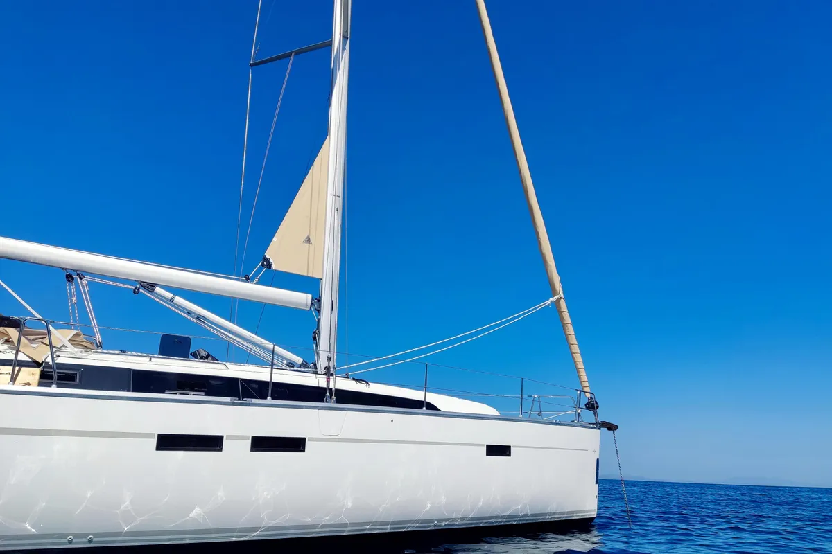 Exterior view of Io, a Bavaria Cruiser 46 Style sailboat at Lavreotiki Municipal Unit, Greece