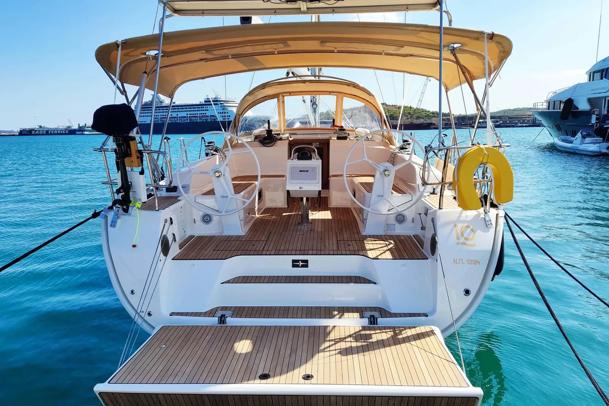 Cockpit of Io, a Bavaria Cruiser 46 Style sailboat at Lavreotiki Municipal Unit, Greece