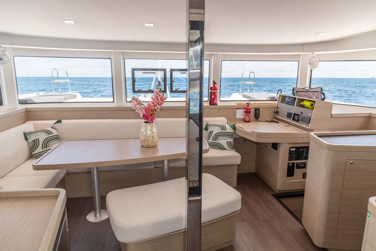 Salon of Vanessa, a Lagoon 42 catamaran at Roche Caiman, Seychelles