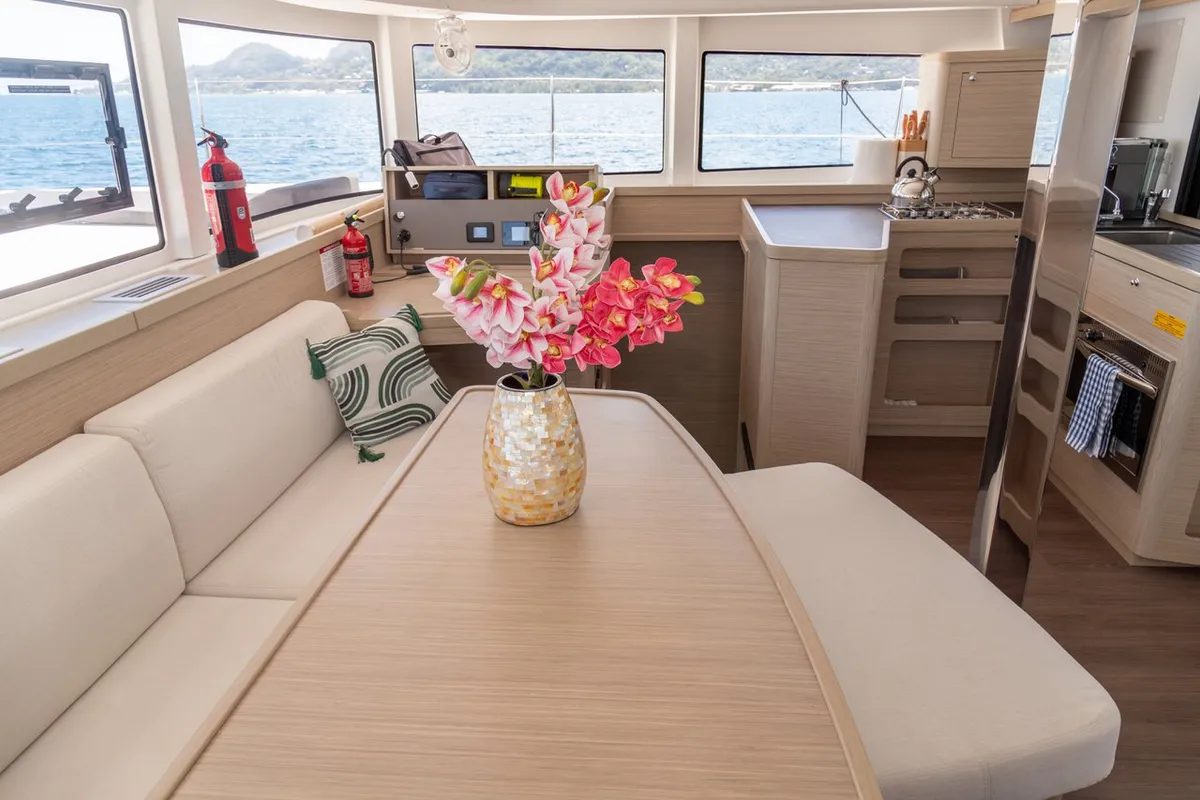 Salon of Vanessa, a Lagoon 42 catamaran at Roche Caiman, Seychelles