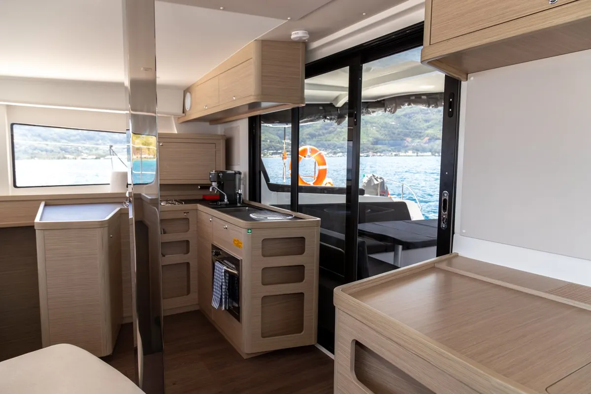 Galley of Vanessa, a Lagoon 42 catamaran at Roche Caiman, Seychelles