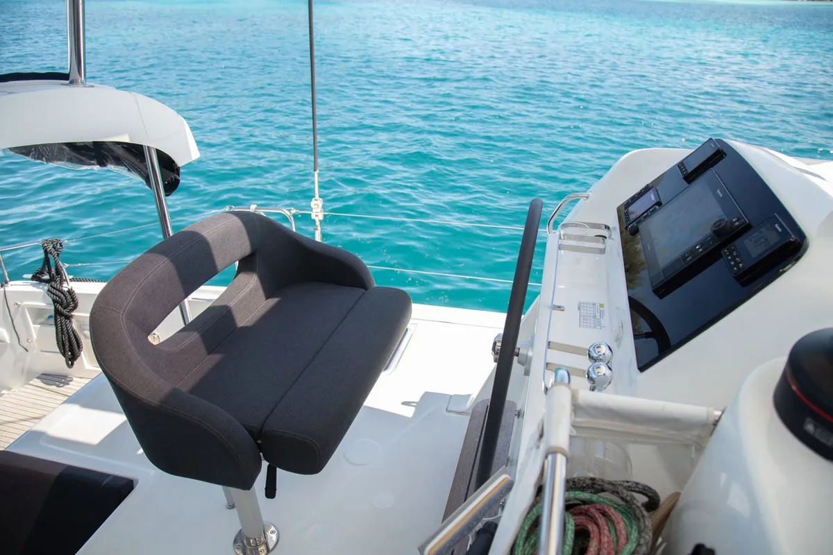 Cockpit of Vanessa, a Lagoon 42 catamaran at Roche Caiman, Seychelles