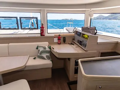 Salon of Vanessa, a Lagoon 42 catamaran at Roche Caiman, Seychelles