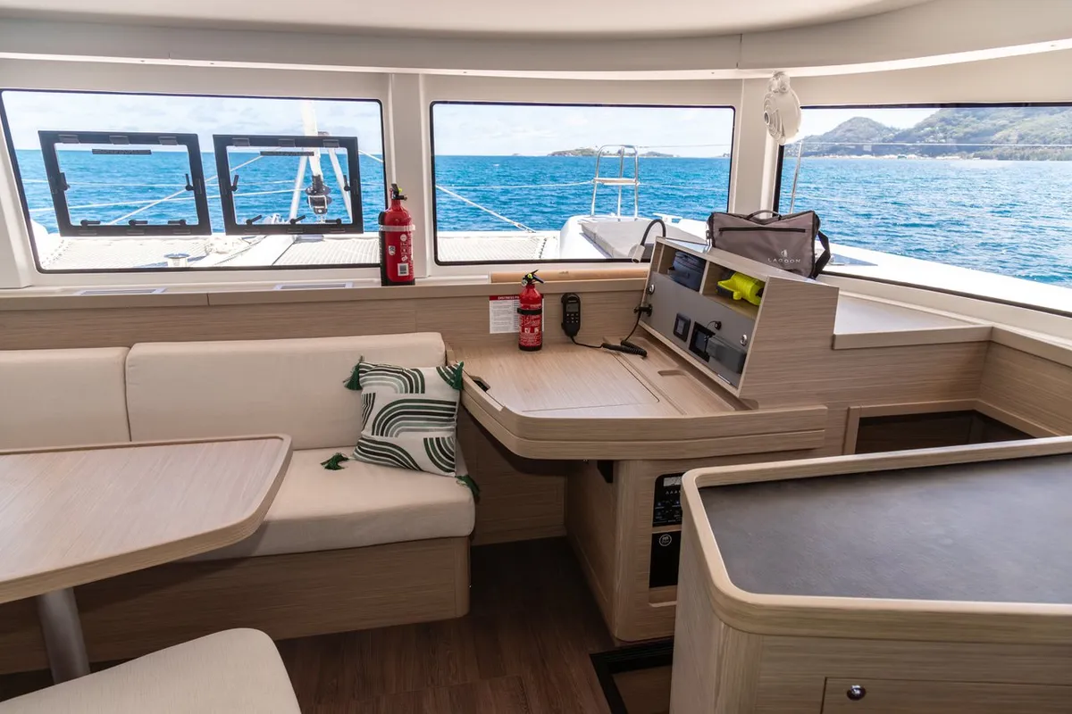Salon of Vanessa, a Lagoon 42 catamaran at Roche Caiman, Seychelles