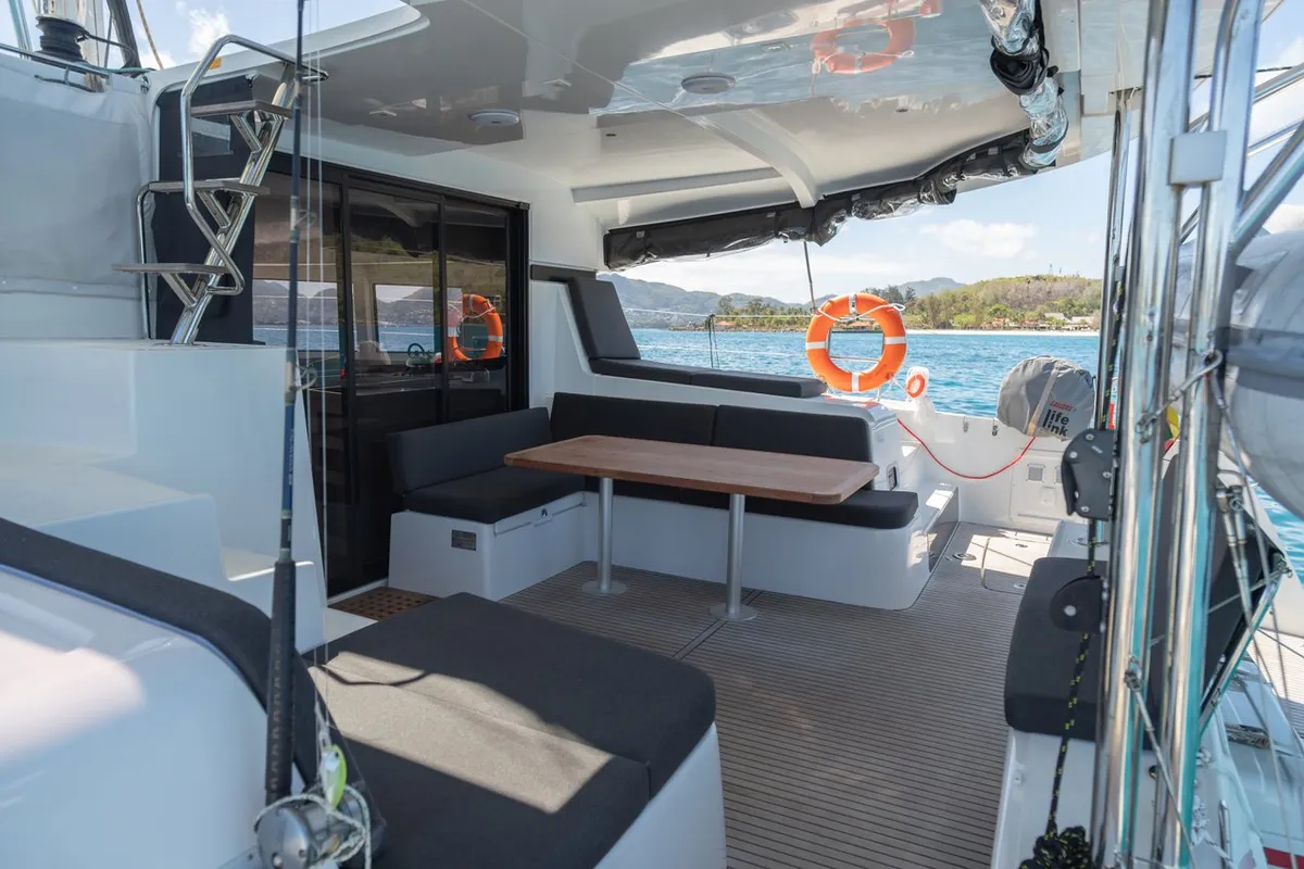 Deck of Vanessa, a Lagoon 42 catamaran at Roche Caiman, Seychelles