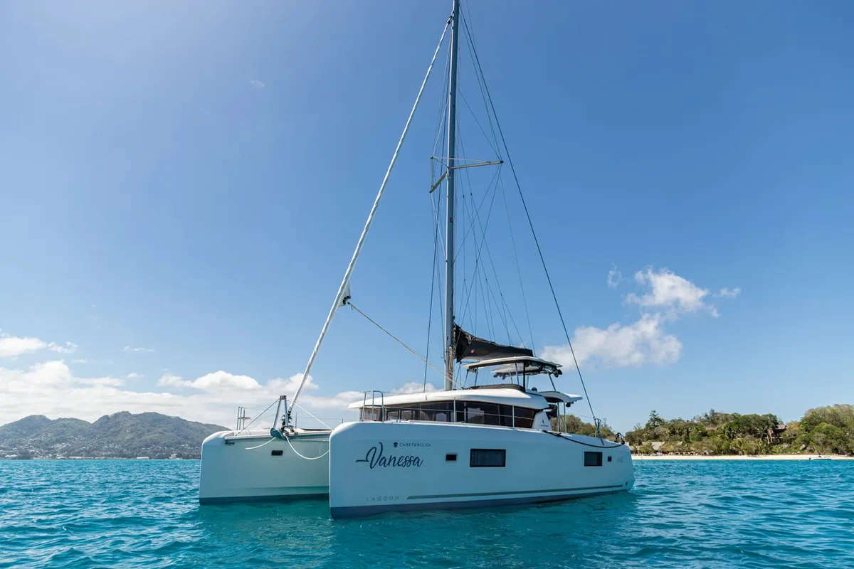 Exterior view of Vanessa, a Lagoon 42 catamaran at Roche Caiman, Seychelles