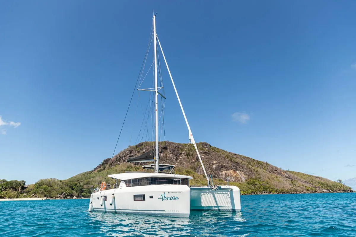 Exterior view of Vanessa, a Lagoon 42 catamaran at Roche Caiman, Seychelles