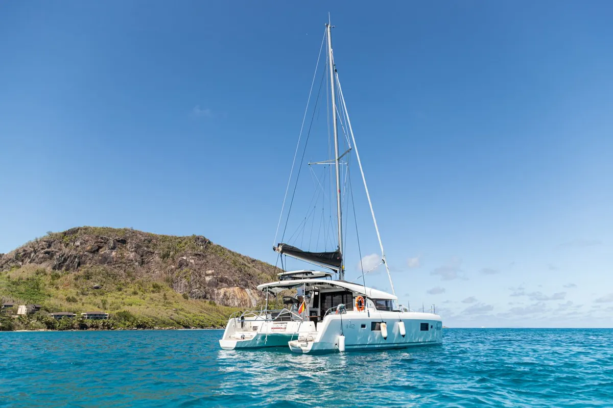 Exterior view of Vanessa, a Lagoon 42 catamaran at Roche Caiman, Seychelles