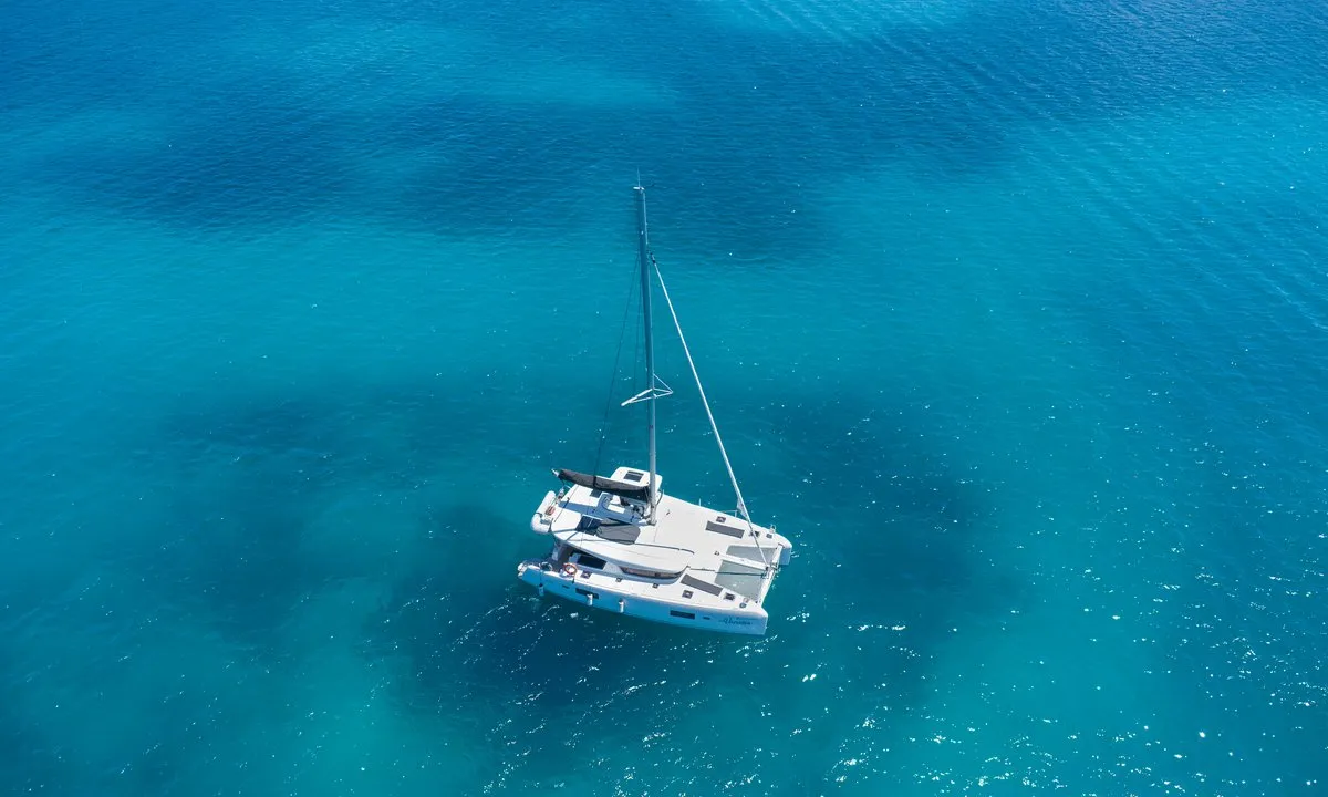 Exterior view of Vanessa, a Lagoon 42 catamaran at Roche Caiman, Seychelles