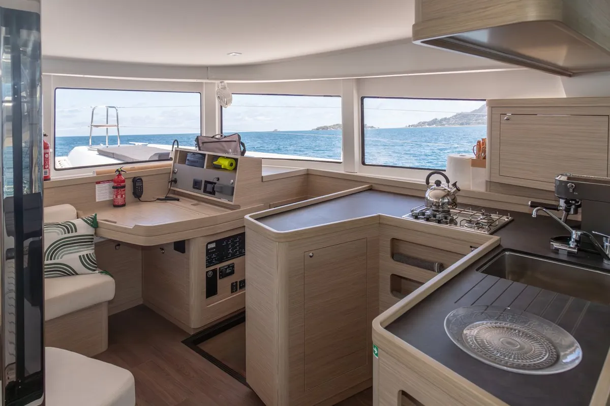 Salon of Vanessa, a Lagoon 42 catamaran at Roche Caiman, Seychelles
