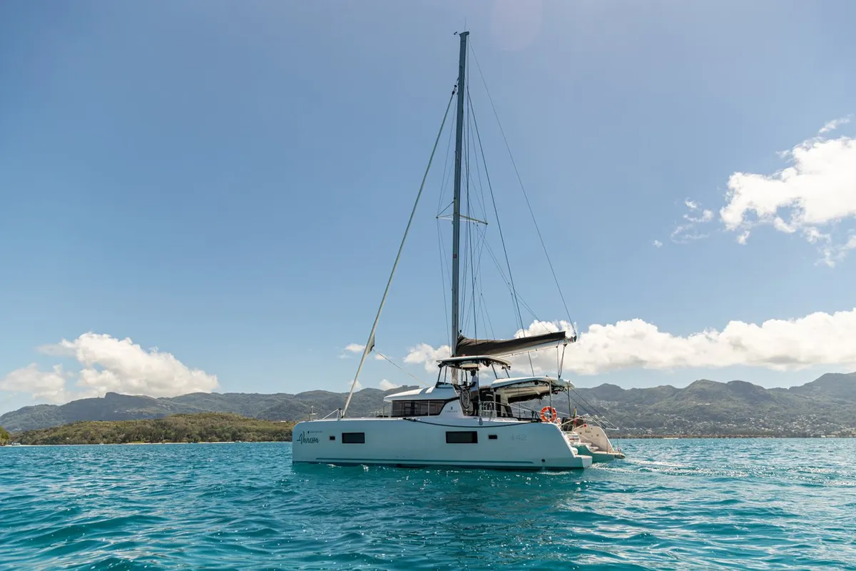 Exterior view of Vanessa, a Lagoon 42 catamaran at Roche Caiman, Seychelles