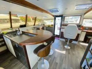 Salon of Valerie, a Sea-Tribe DH550 catamaran at Roche Caiman, Seychelles