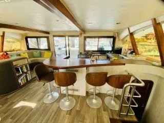 Salon of Valerie, a Sea-Tribe DH550 catamaran at Roche Caiman, Seychelles