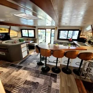 Salon of Valerie, a Sea-Tribe DH550 catamaran at Roche Caiman, Seychelles