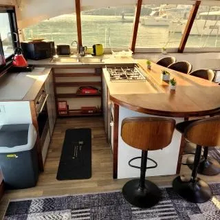 Galley of Valerie, a Sea-Tribe DH550 catamaran at Roche Caiman, Seychelles