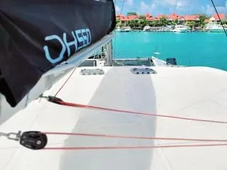 Valerie, a Sea-Tribe DH550 catamaran at Roche Caiman, Seychelles