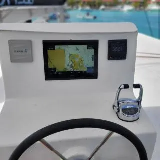 Cockpit of Valerie, a Sea-Tribe DH550 catamaran at Roche Caiman, Seychelles